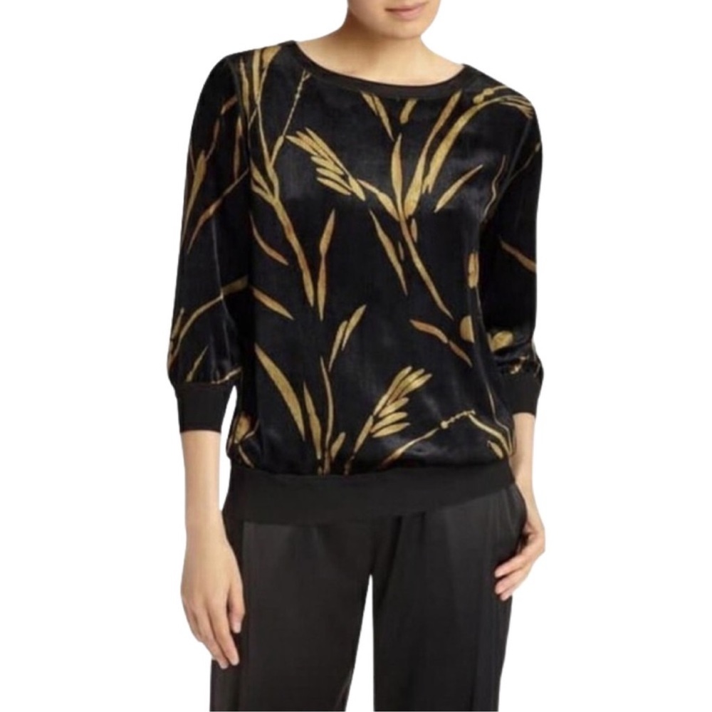 SALE Lafayette 148 Black Golden Bloom Silk Floral Velvet Long Sleeve Blouse Top
